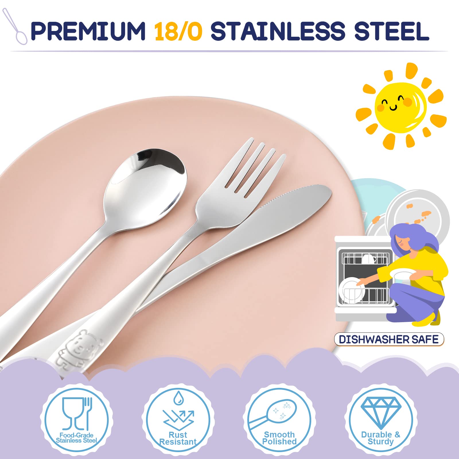 VITEVER 10-Piece Toddler Utensils, Kids Stainless Steel Silverware Set, Children Safe Forks and Spoons - Mirror Polished, Dishwa